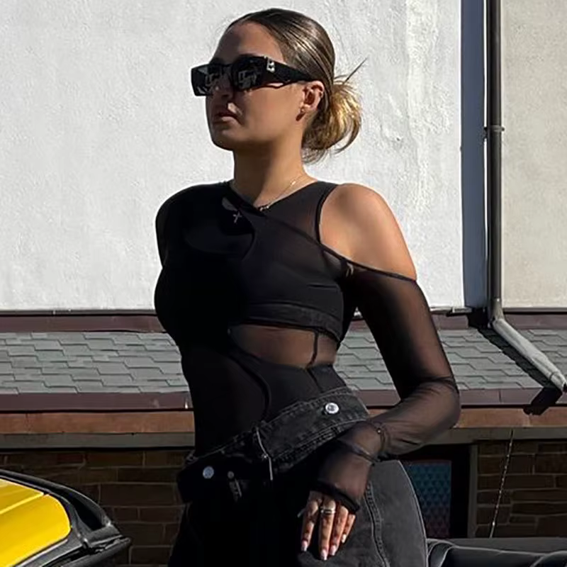 Ahagaga mode maille voir à travers Sexy Club body femmes solide régulier décontracté Streetwear manc