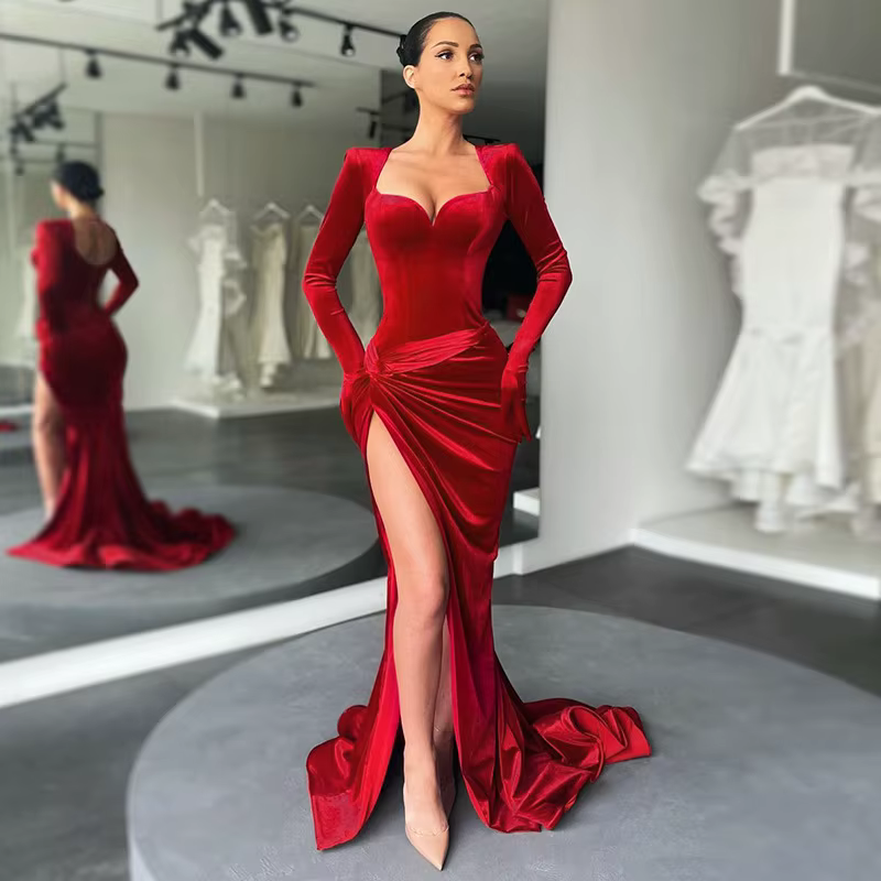 Sexy col en V à manches longues haute fente longue robe Maxi boîte de nuit bal robes de fête de mari