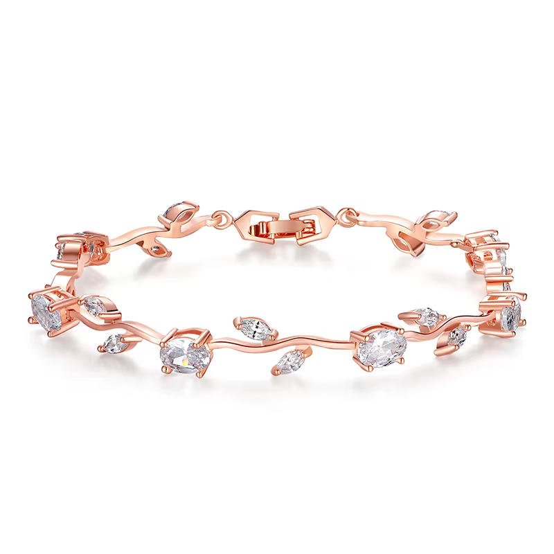 BAMOER – Bracelet chaîne et maillons en forme de feuille de couleur or Rose, avec Zircon AAA rouge +