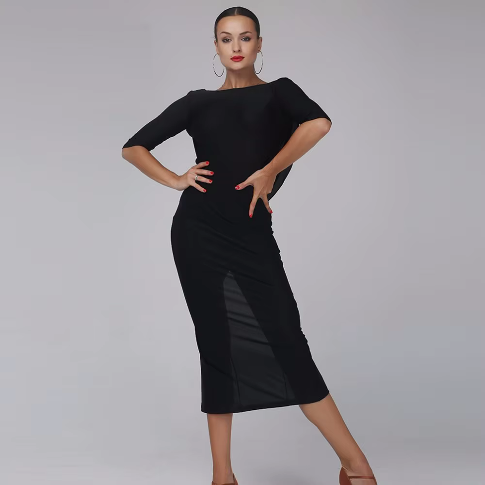 Robe de danse latine dos nu noire pour femme, vêtements de danse, vêtements de scène, robe de salsa 
