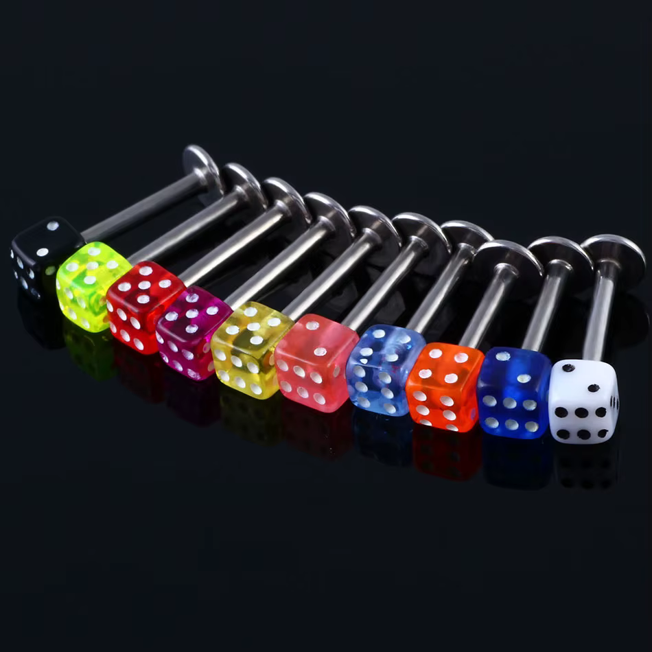 2 pièces/lot 1.2*8 + 3mm dés acrylique lèvre Piercing 16G couleur bonbon Labret Piercing Stud Tragus