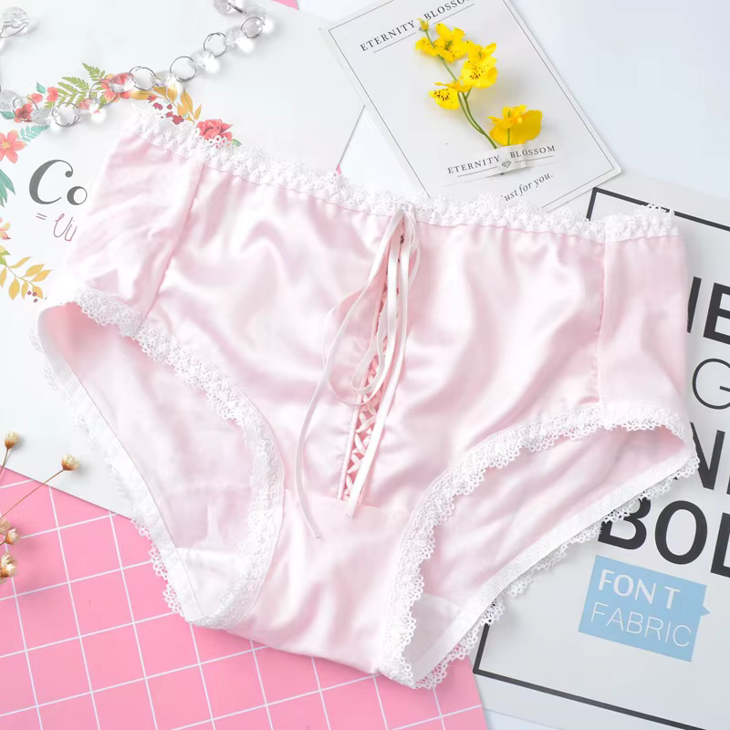 Style rétro taille moyenne Sexy à lacets femmes sous-vêtements nœud coton soie femme culotte solide