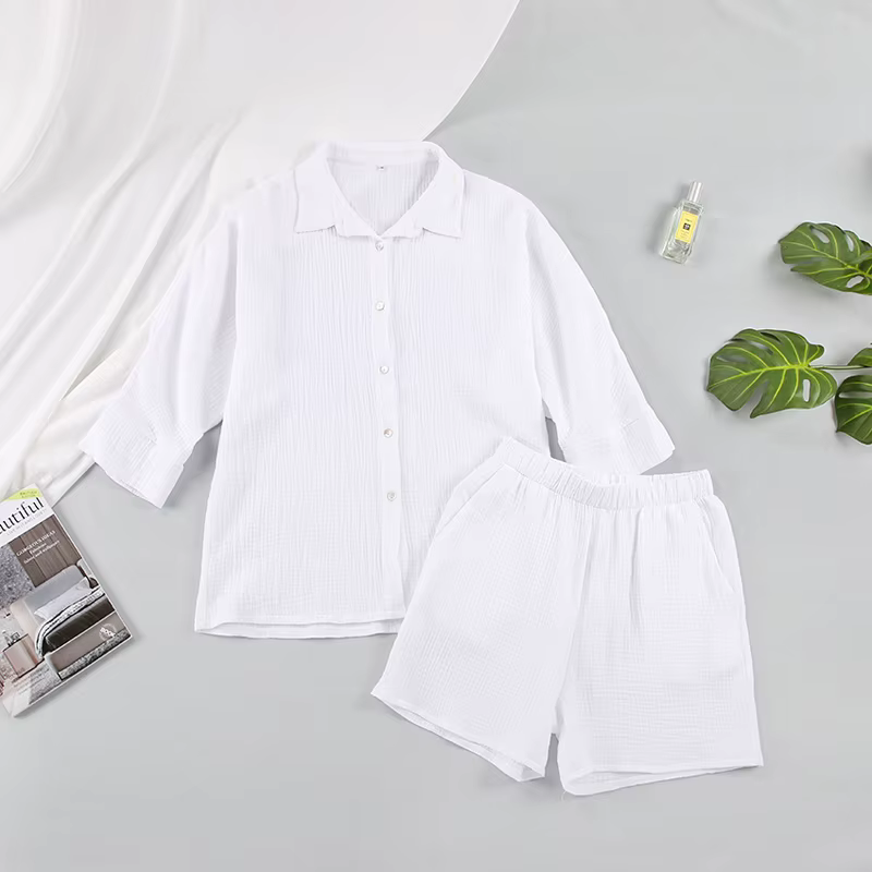 Pyjama en coton pour femmes, ensemble de vêtements de nuit décontractés, col rabattu, manches neuf q