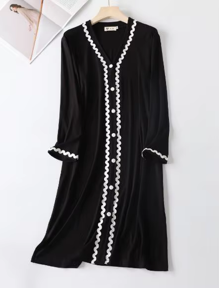 Vêtements de nuit en coton modal à manches longues et col en V pour femmes, robe de nuit en dentelle
