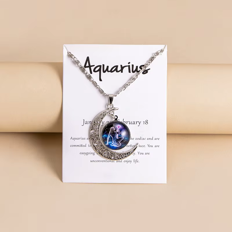 Colliers Vintage avec pendentif en forme de lune, 12 signes du zodiaque, étoile de galaxie, en verre