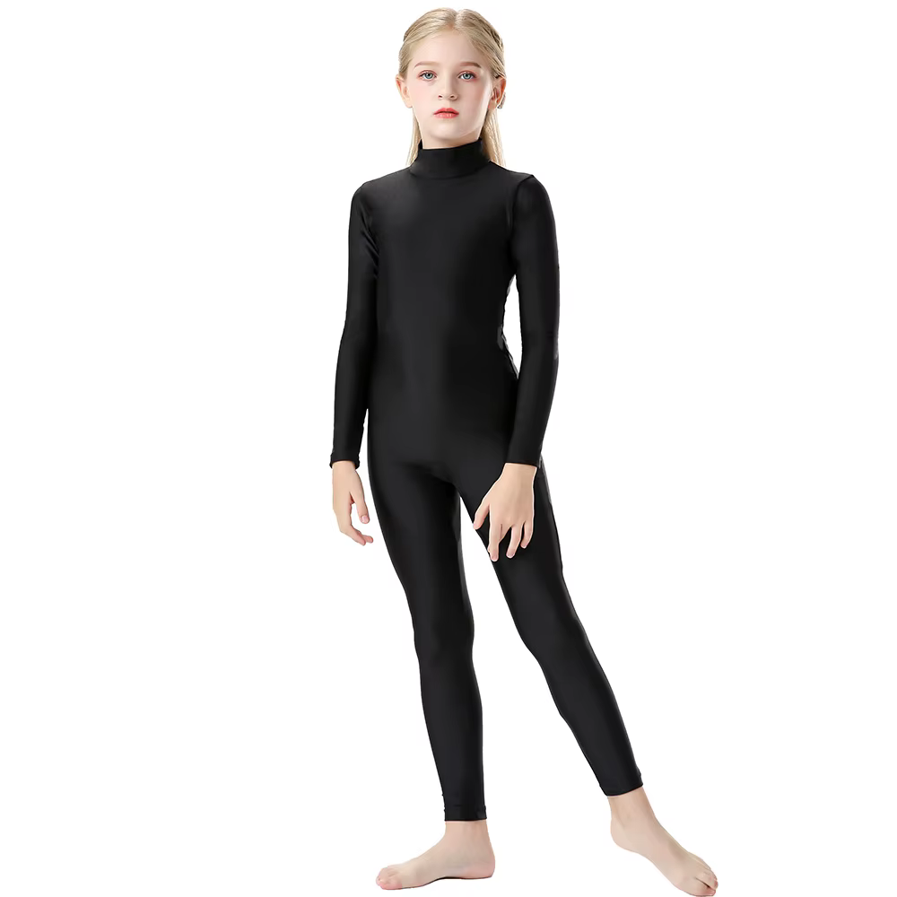 OVIGILY – body noir à manches longues pour filles, combinaison de danse avec col roulé, justaucorps