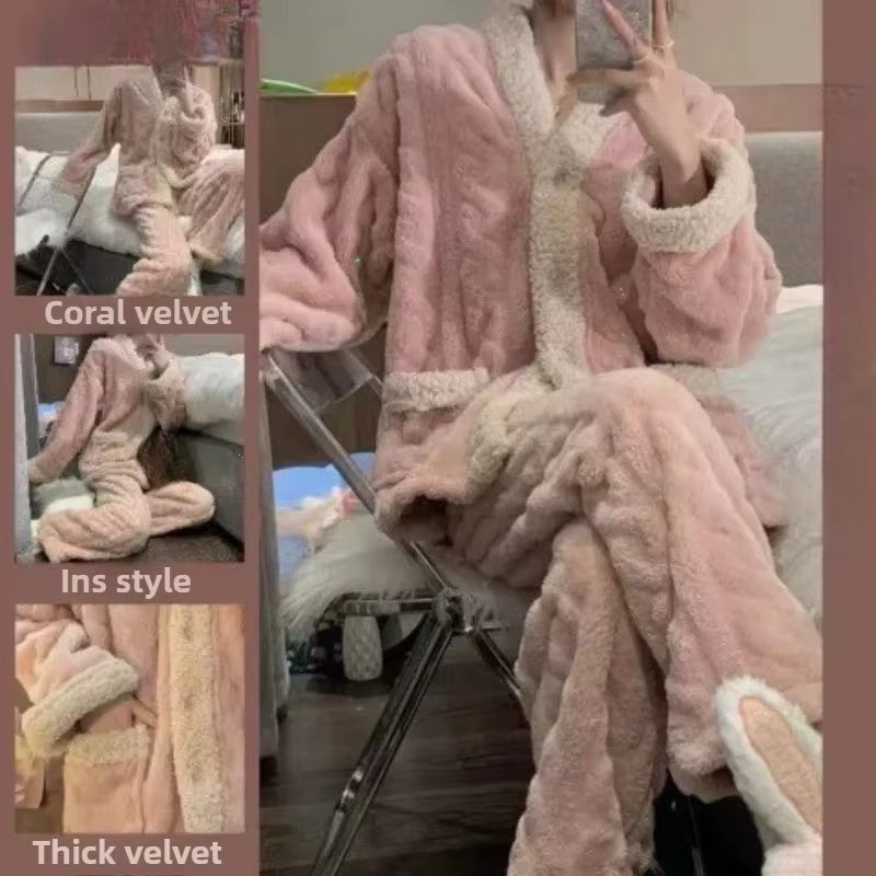 Pyjama en molleton de corail pour femme, épais, doublé de polaire, gracieux, pour Couple en ligne, e
