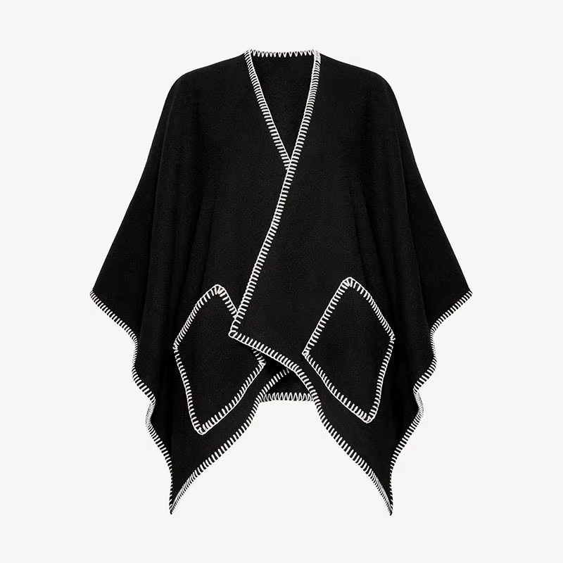 Poncho tricoté pour femmes, coutures contrastées blanches, ourlet asymétrique, manteau surdimensionn