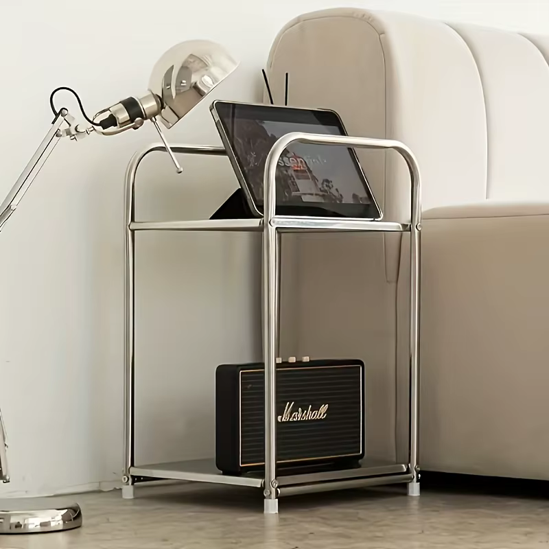 Table d'appoint moderne en acier inoxydable, table de chevet argentée, étagère de rangement pour can