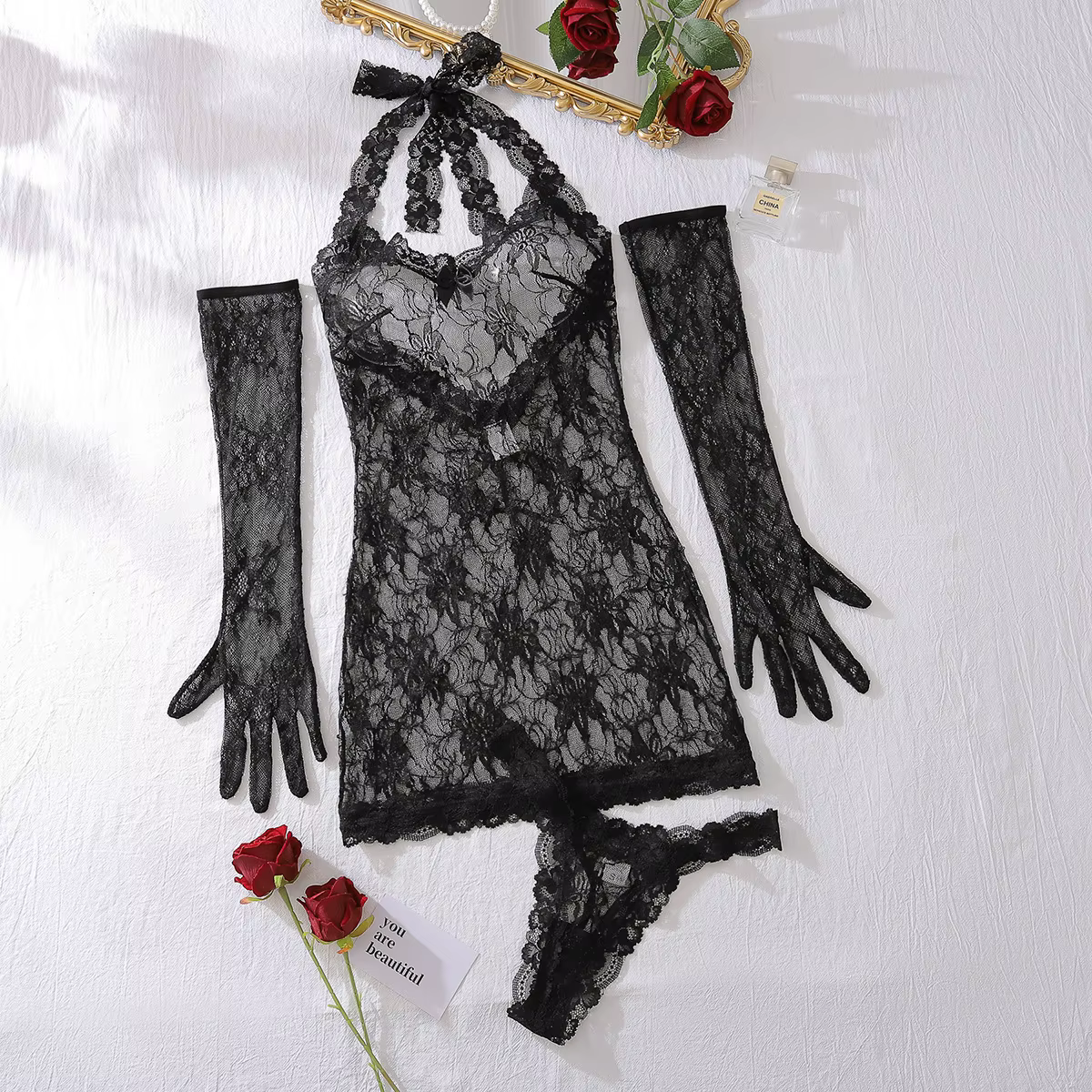Hirigin – ensemble de Lingerie Sexy en dentelle pour femmes, robe dos nu en maille florale, col lico