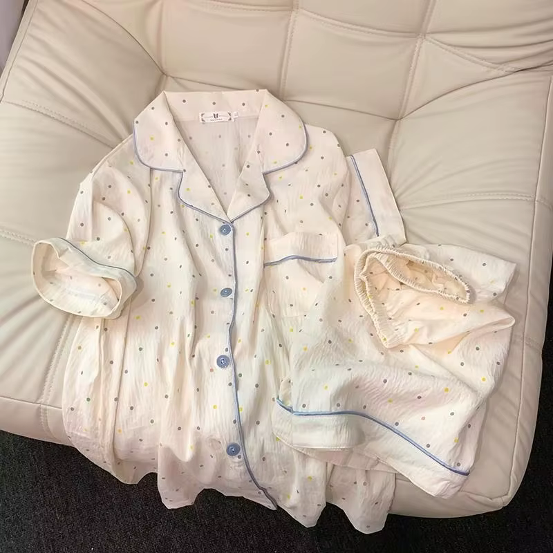 Ensemble pyjama en coton imprimé à pois pour femmes, haut à manches courtes et short, ensemble 2 piè