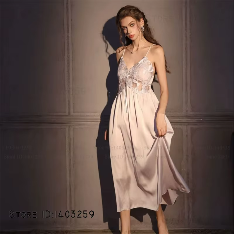 Élégant femme longue Twinset Robe ensemble Chemise de nuit Sexy Lingerie Chemise de nuit dos nu Chem