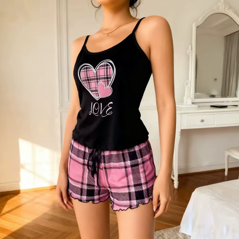 Ensemble de pyjama pour femme Fashion Love Heart, vêtements de maison, nœud papillon, deux pièces, v