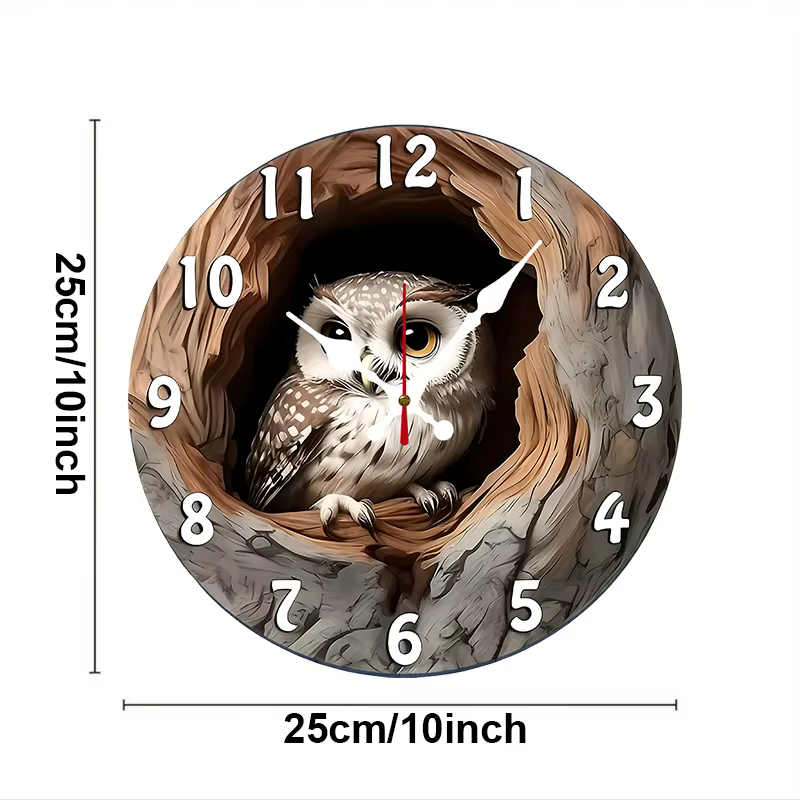 Horloge murale suspendue ronde silencieuse en bois hibou trou d'arbre, adaptée au salon, au bureau,