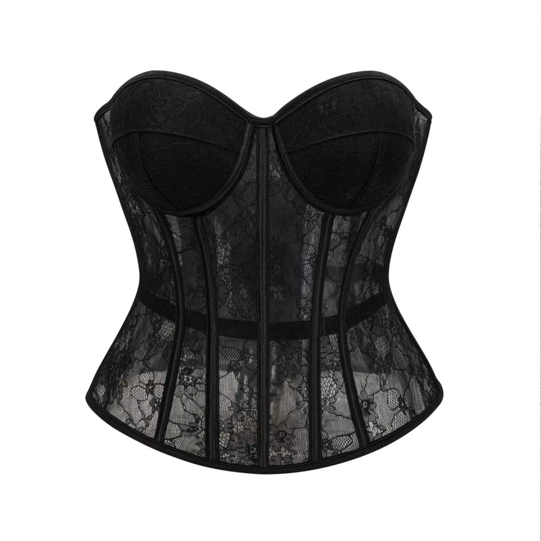 Corset Bustier Push-Up Transparent en Dentelle Florale Noire avec Baleines pour Femme - Sculpteur Co