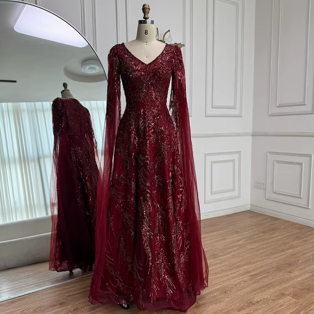 Vin rouge une ligne robe de soirée perlée avec manches Cape pour les femmes Occasion formelle robe d
