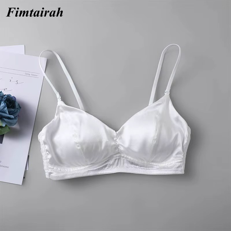 Soutien-gorge en soie véritable pour femmes, sous-vêtements plissés extensibles, noir et blanc, mode