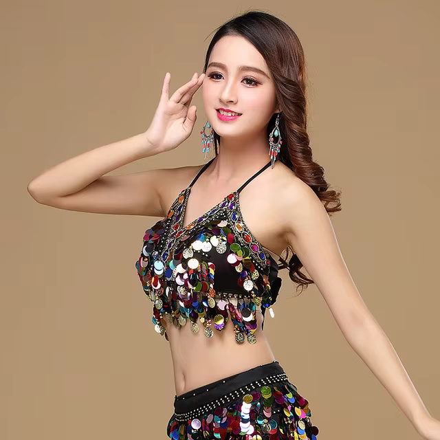 Soutien-gorge licou à paillettes pour la danse du ventre, haut de festival bohème, soutien-gorge tri