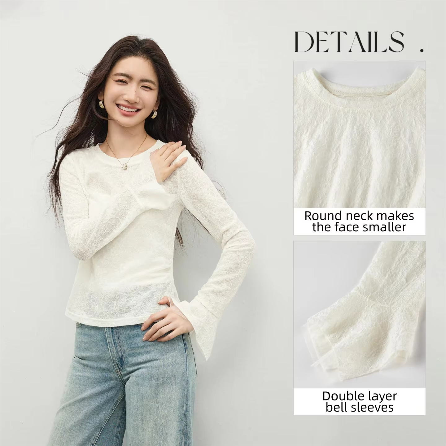 T-shirt en dentelle SENTUBILA pour femme, collection Printemps 2026, col rond, manches évasées, tran