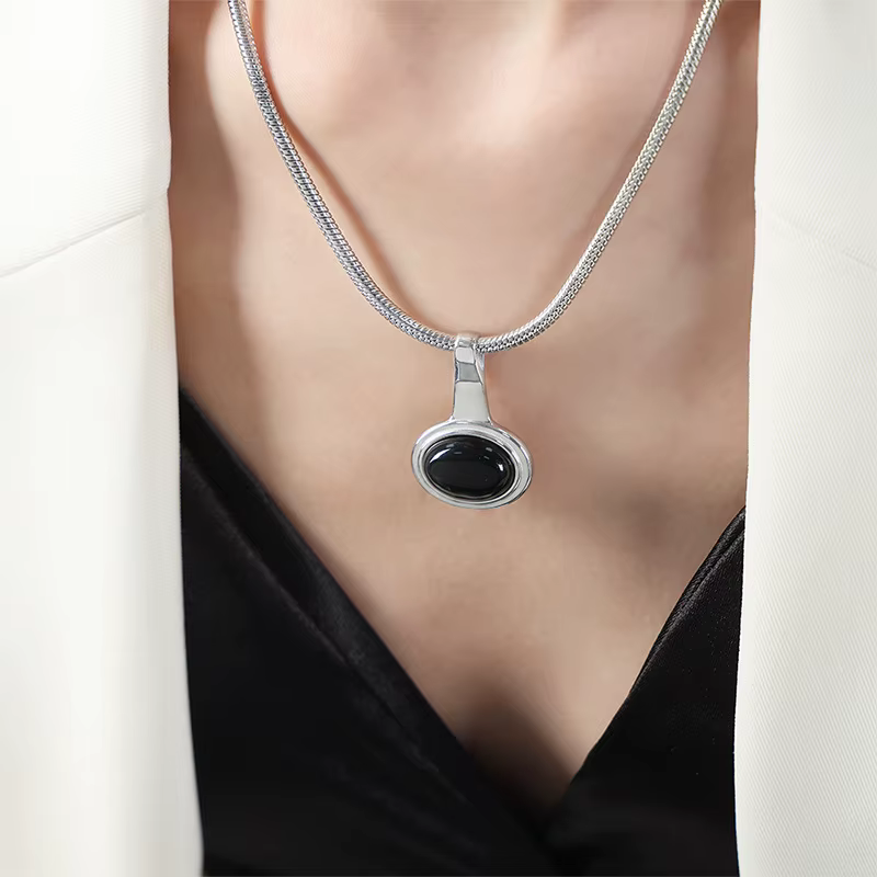 Collier pendentif naren onyx noir pour femme, acier inoxydable, résistant à la guerre, or, argent, b