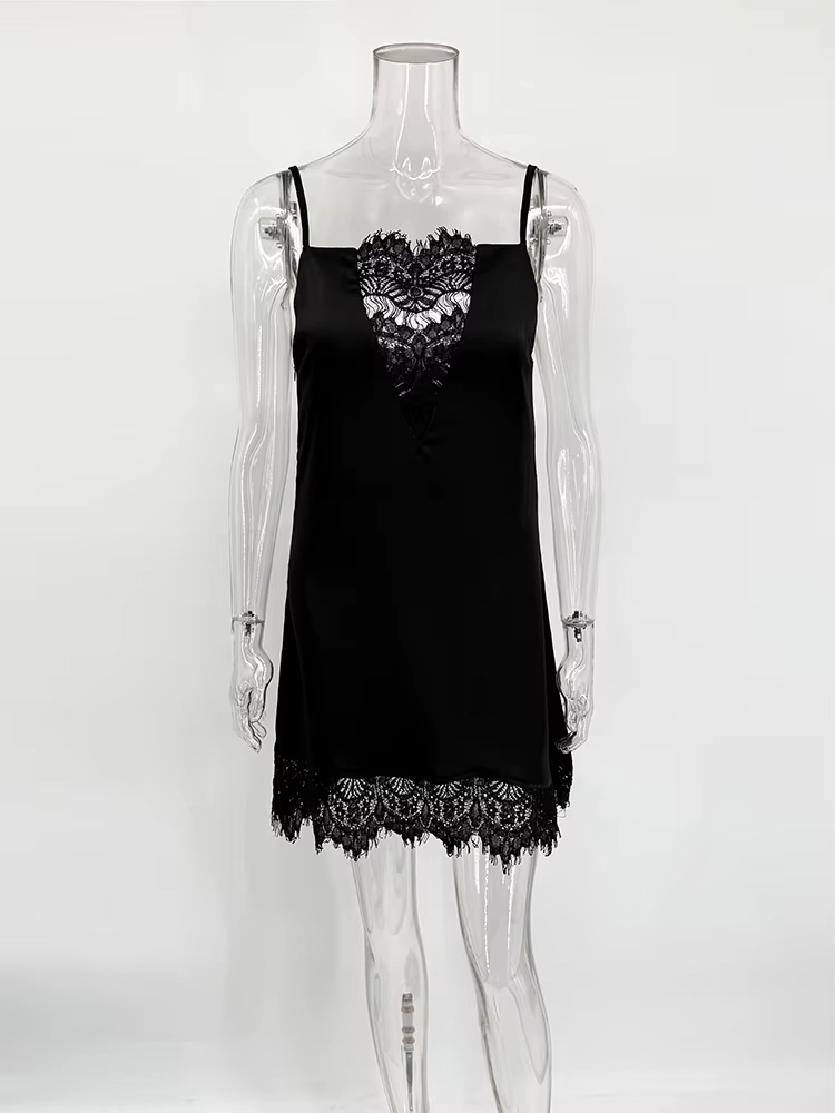 Robe Courte Noire en Dentelle pour Femme, Sexy, Évidée, Sans Manches, Volants, Ample, Élégante, Dos