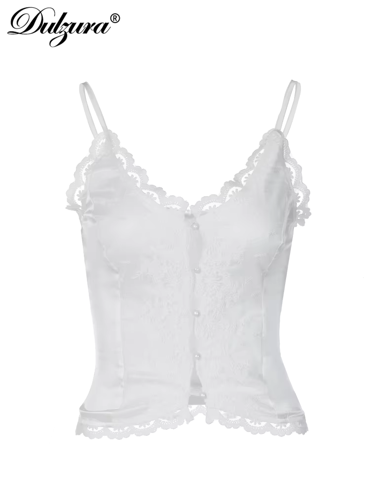 Dulzura 2023 Summer Women Solid White Lace Suspenders Satin Top Embroidery Camisole Sexy Y2K Elegant