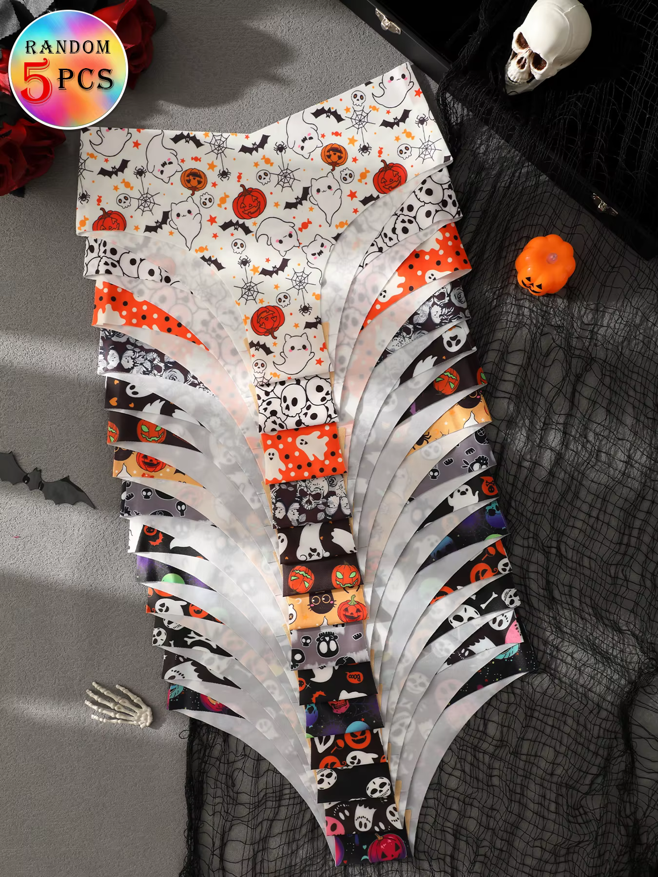 Lot de 5 culottes pour femmes à imprimé Halloween en forme de coquille Saint-Jacques, couleurs aléat