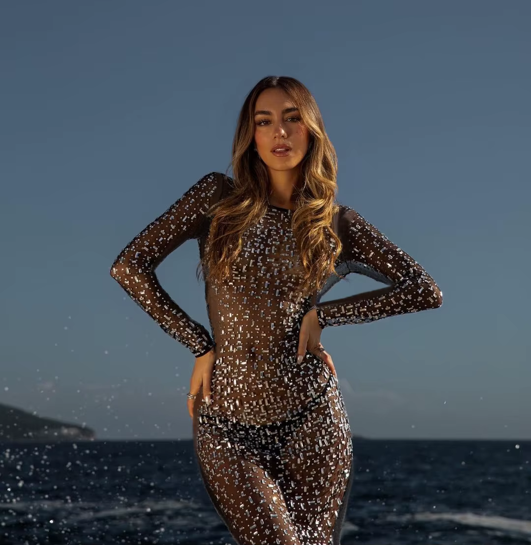 Robe de nuit en maille transparente à manches longues pour femmes, robe maxi à paillettes, mince et