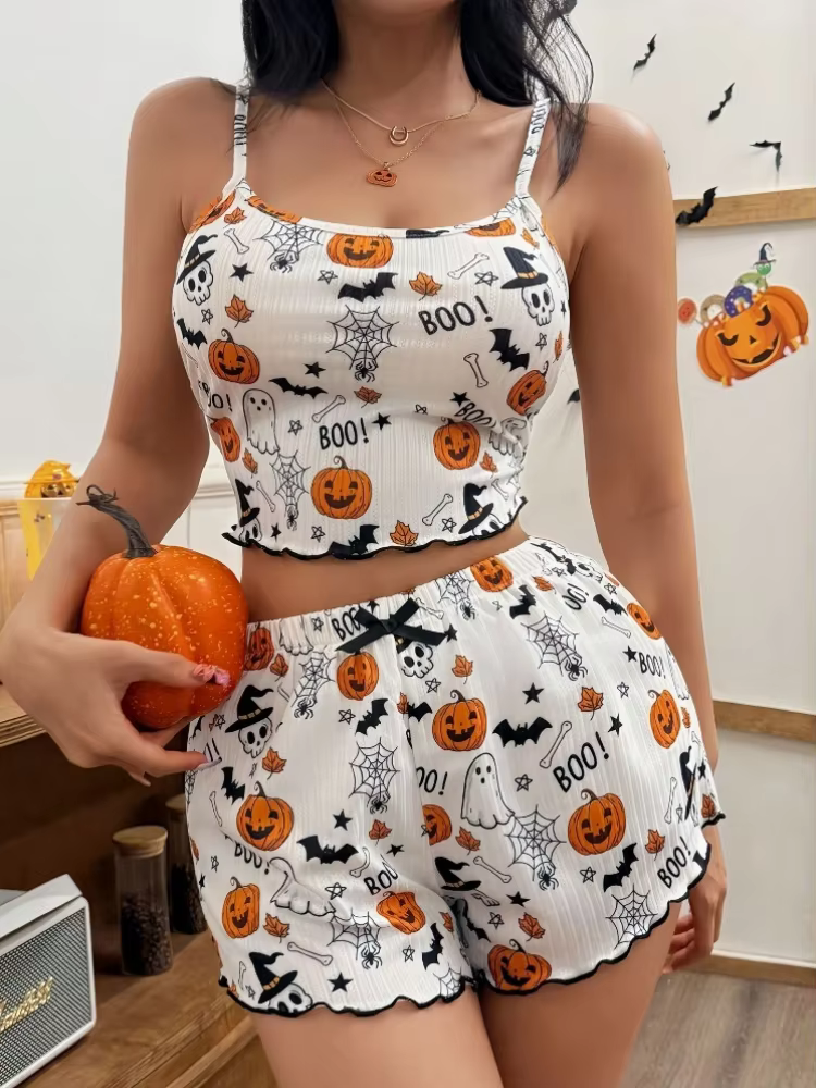 Ensemble pyjama imprimé citrouille d'Halloween pour femme, haut court côtelé mignon et short, deux p