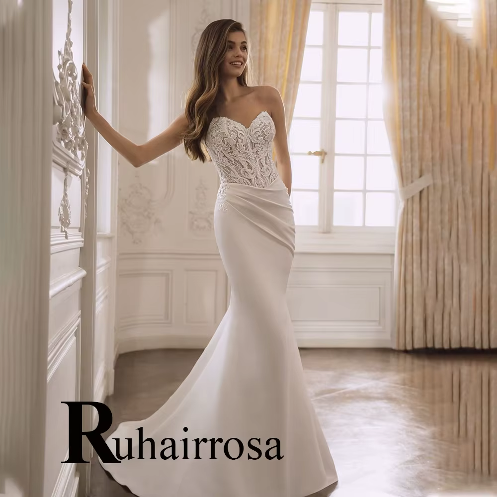 Robes de mariée tendance Ruhair, style sirène, en satin, avec corset, dentelle et appliques plissées