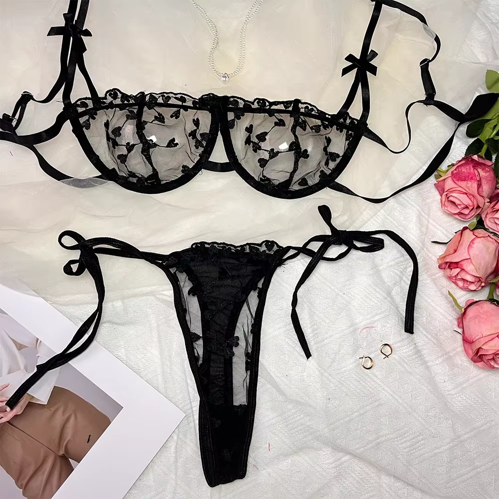 Ensemble de lingerie semi-transparent à broderie florale 7.0, soutien-gorge et string intimes, linge