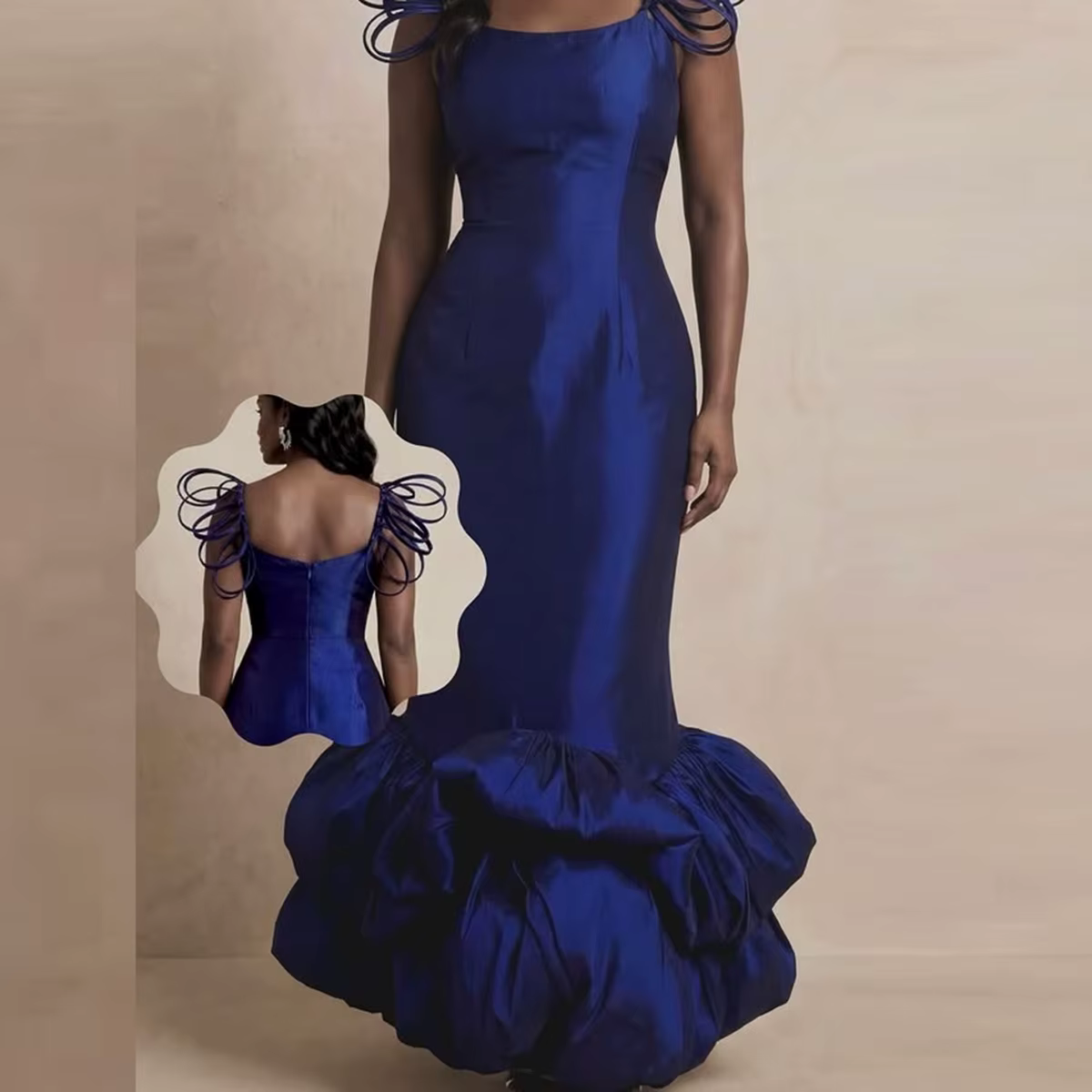 Robe de soirée sirène bleu marine, col carré, ourlet à volants, robe de cérémonie avec bretelles déc
