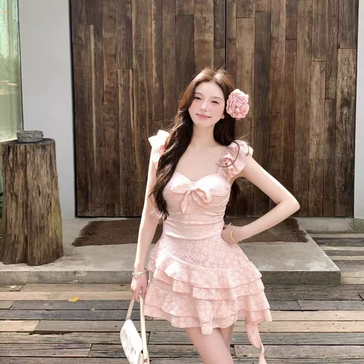 Maillot de bain une pièce rose avec manches volantées, en nylon, style jupe, pour femme, idéal pour 