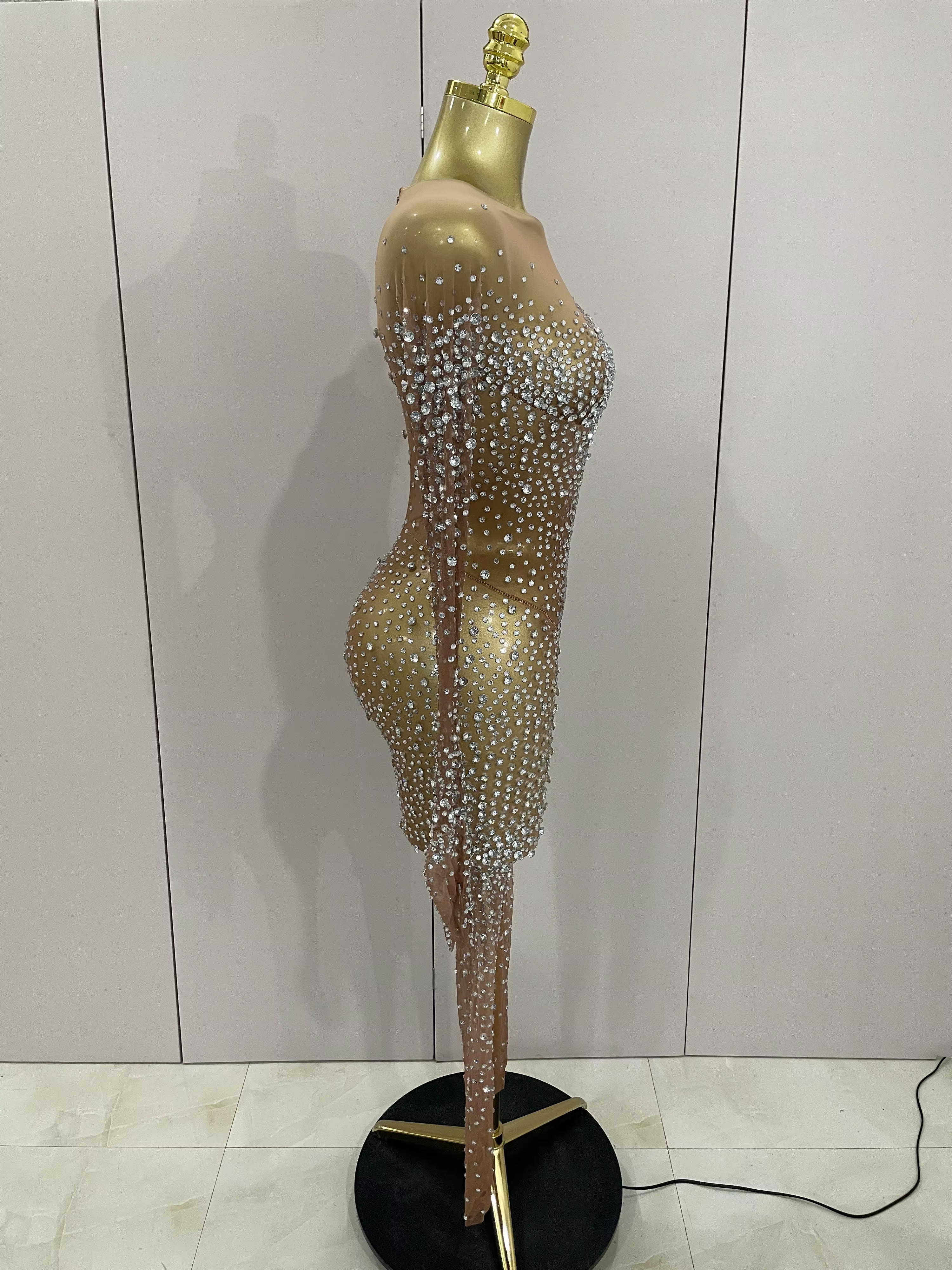 Combinaison de luxe en maille transparente pour femmes, strass scintillants, Sexy, moulante, robe d'