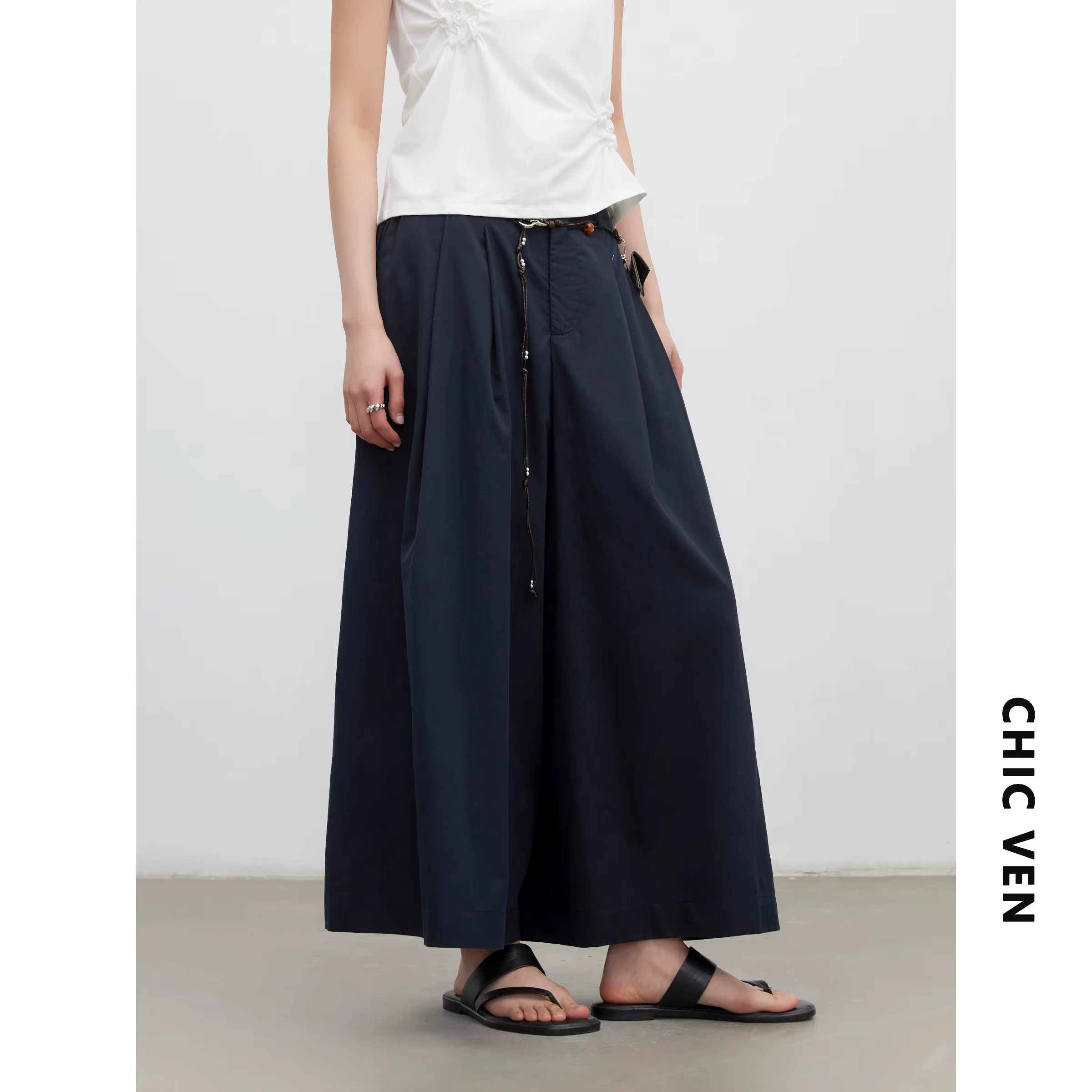 CHIC VEN Mode Femme Culottes Unies Nouveauté Décontractées Taille Haute Plissées Jupes-Shorts Amples