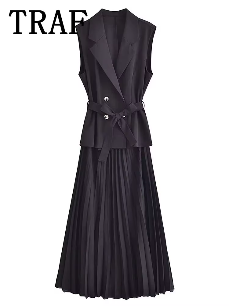 Robe Corset plissée pour femmes, gilets longs, sans manches, robe de soirée au bureau, froncée, mi-l