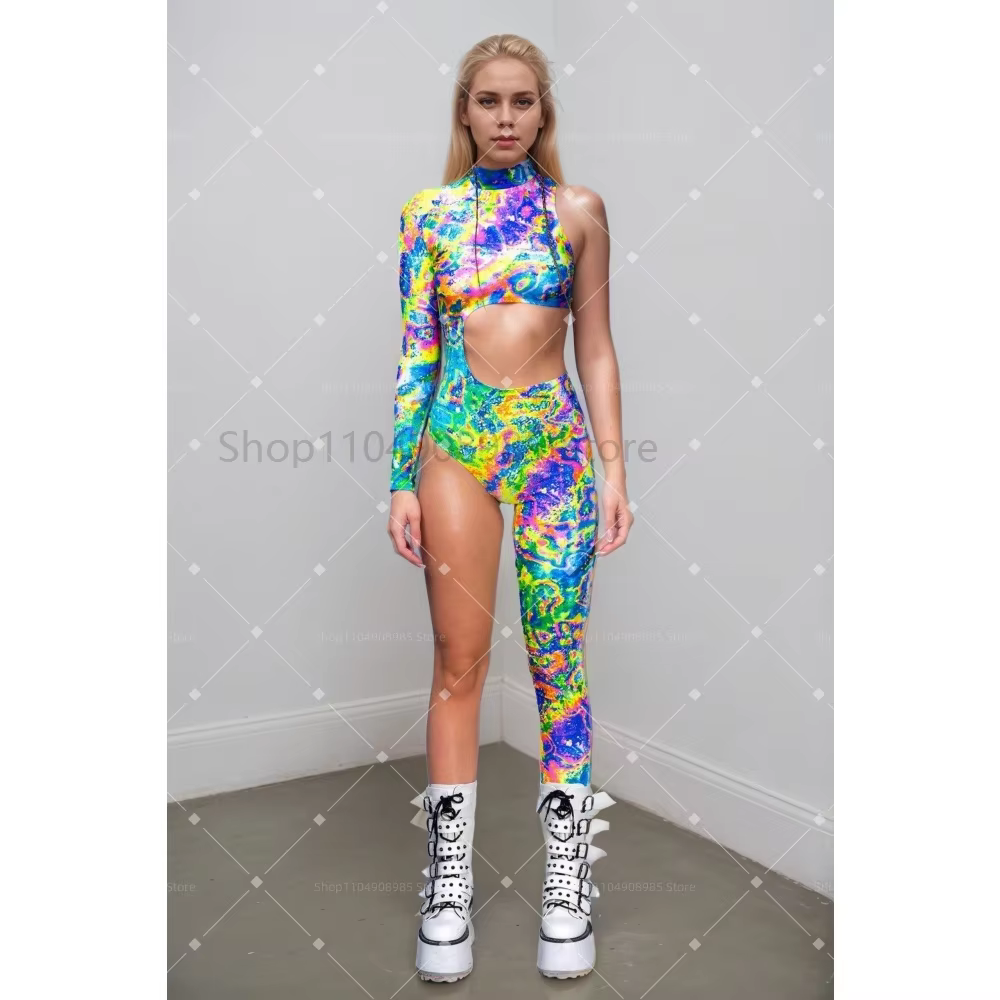 Costume asymétrique Cyberpunk pour femmes, combinaison arc-en-ciel colorée, Costume de spectacle pou