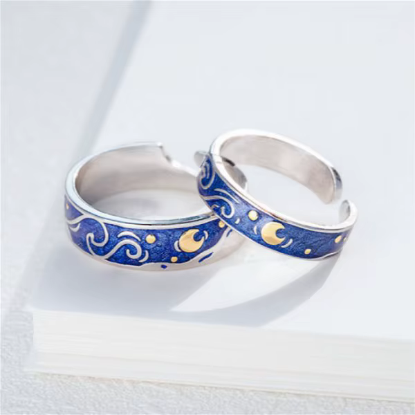 Bagues romantiques pour couple, motif ciel étoilé bleu, lune et étoiles, pour femme et homme, luxe,