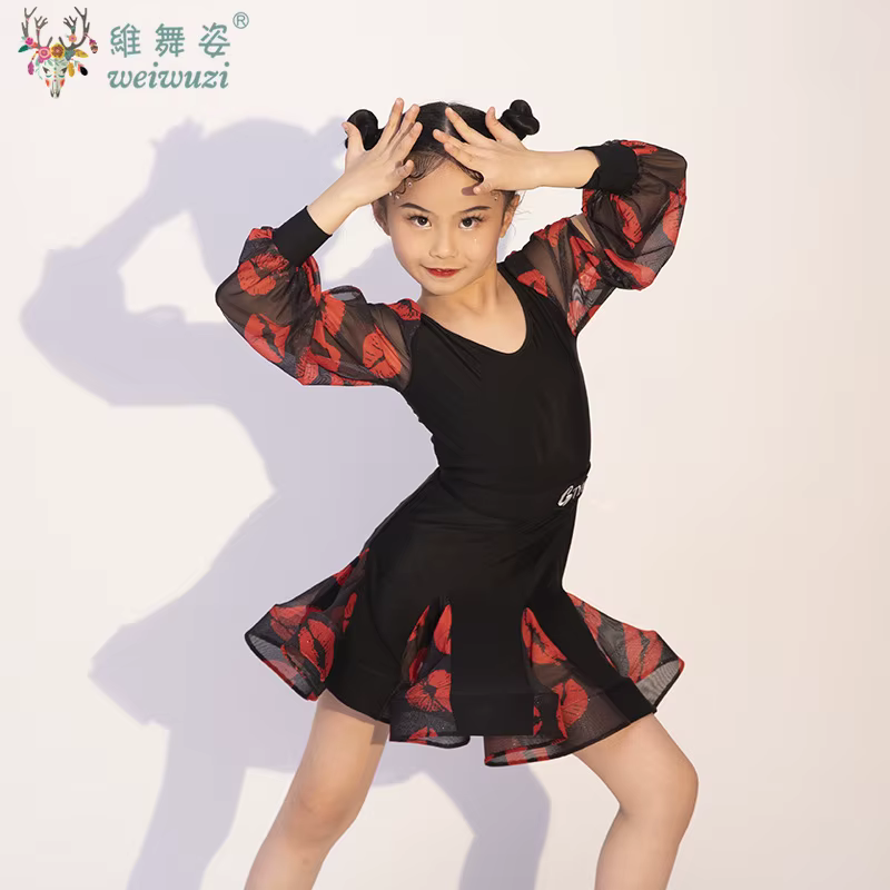 Rumba salle de bal Tango robe de danse latine filles enfants vêtements d'entraînement à manches long
