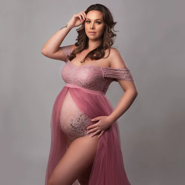 Robes de photographie de maternité, body en dentelle de grossesse, en Tulle, longue fente latérale a