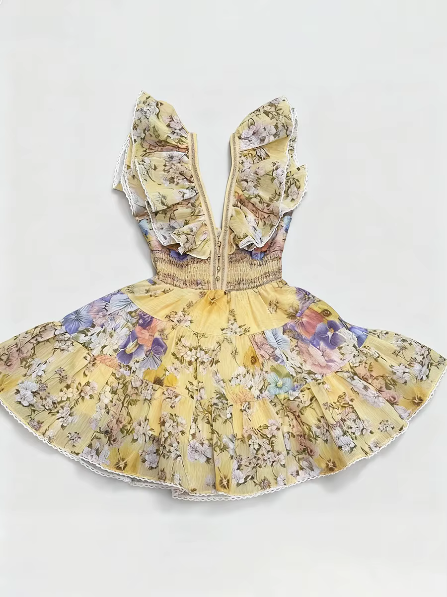 TWOTWINSTYLE minceur impression épissé volants plis robes élégantes pour les femmes col en V sans ma