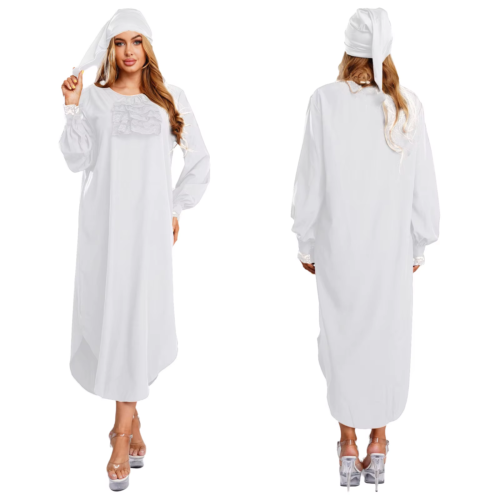 Robe de nuit victorienne pour femmes, avec bonnet de nuit, manches longues, garniture en dentelle, c