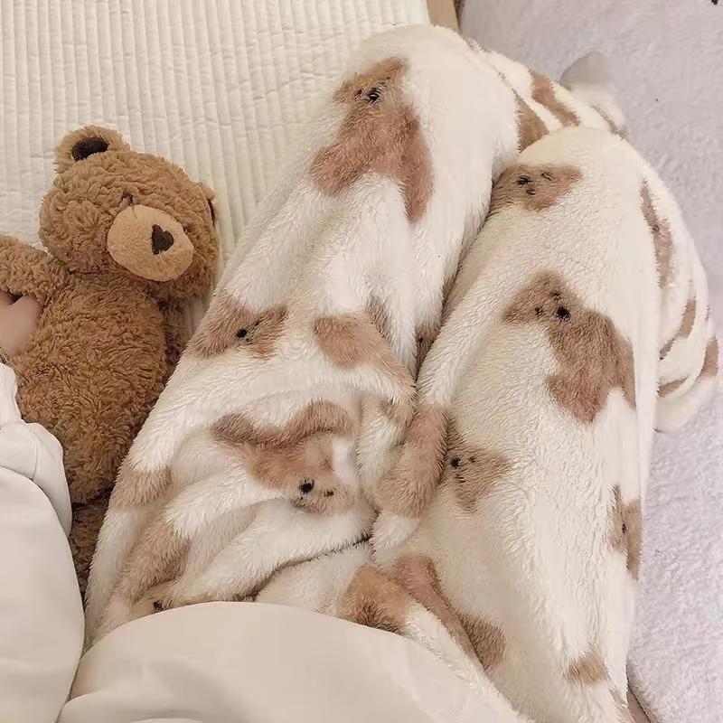 Dessin animé ours Teddy pyjamas pantalon moelleux femmes hiver chaud épais vêtements de nuit pantalo