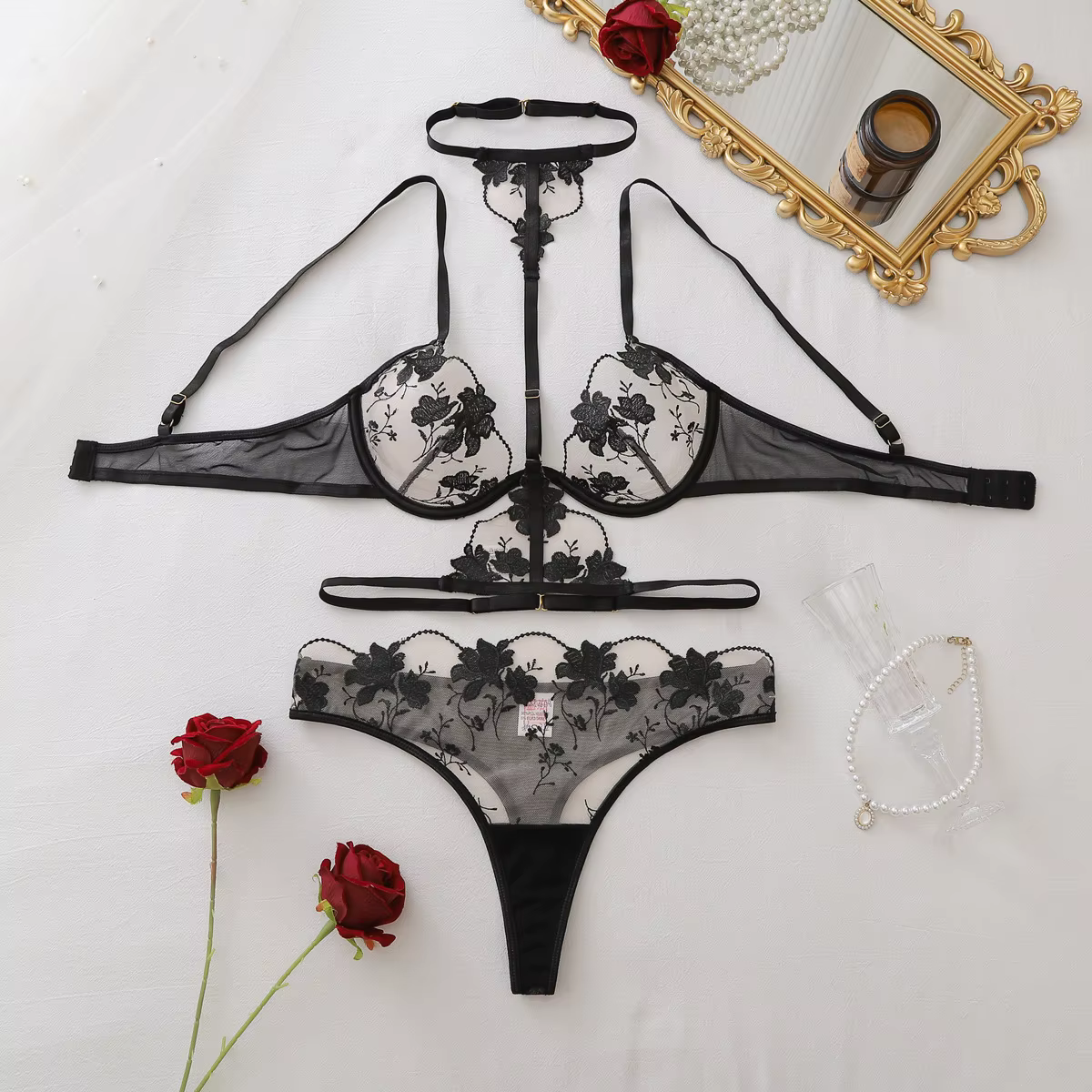 Ellolace – Ensemble de lingerie élégant pour femme, soutien-gorge transparent séduisant, string et c