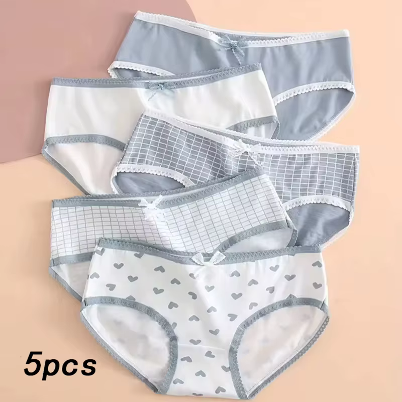 Lot de 5 slips doux et respirants pour femmes, culottes imprimées à carreaux en forme de cœur, sous-