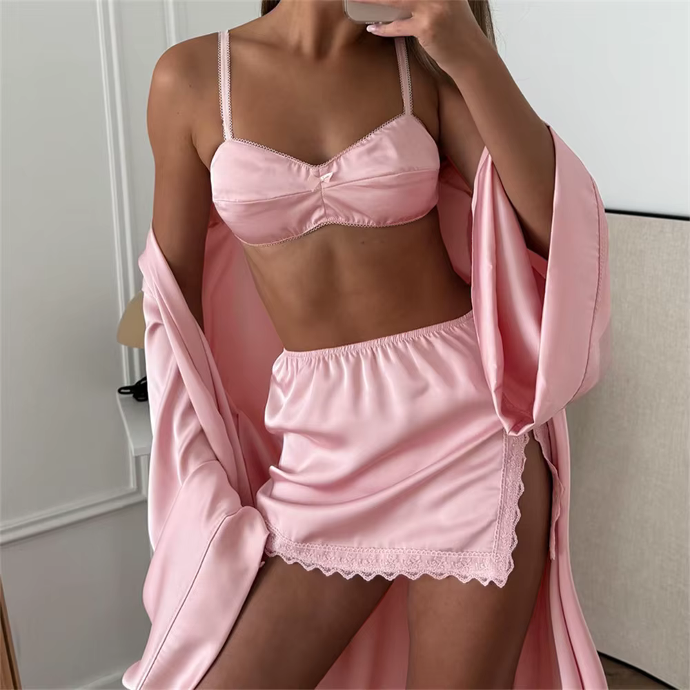 Ensemble de pyjama 3 pièces en satin rose élégant pour femme, avec jupe taille haute en dentelle sex