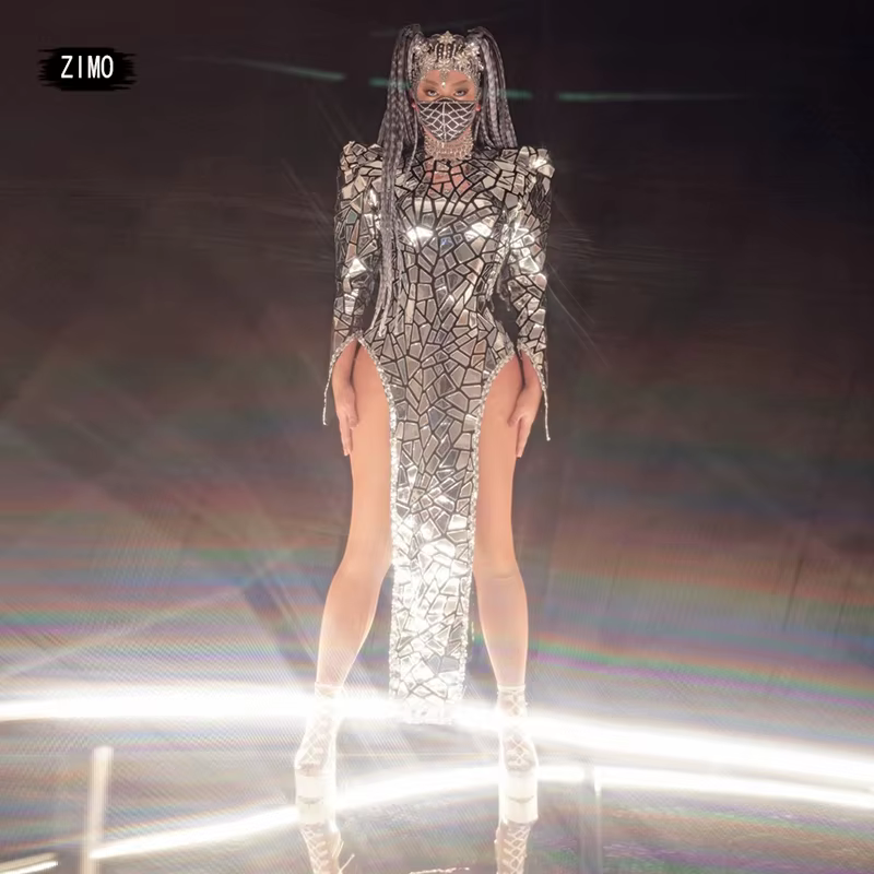 Robe fendue à paillettes miroir argentées, robes de soirée, manches longues, boîte de nuit, fête d'a