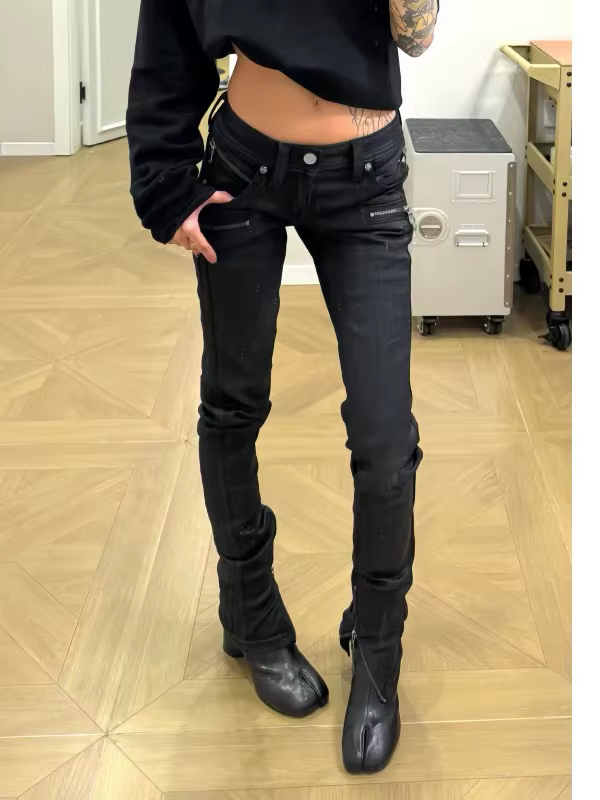 Jeans ajustés à fermeture éclair pour femmes, style Harajuku, sexy, taille basse, denim extensible,