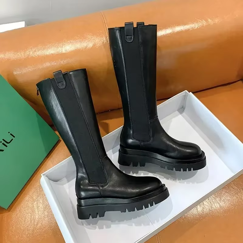 Plate-forme femmes chevalier bottes longues mode chaud fourrure chaussures automne hiver talons carr