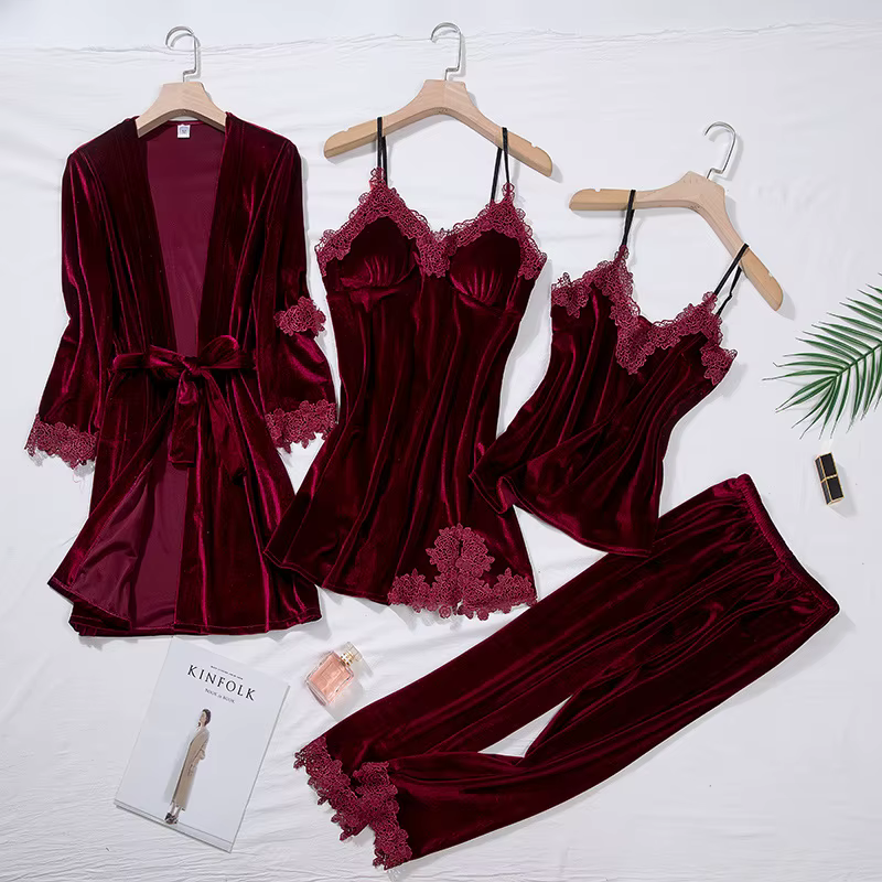 Ensemble pyjama quatre pièces en velours pour femme, vêtements de nuit, vêtements de salon, Sexy, bo